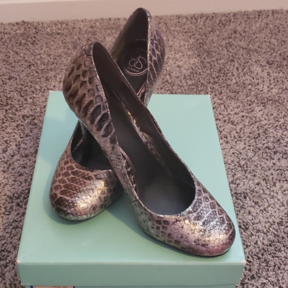 Gunmetal Snakeskin Pumps